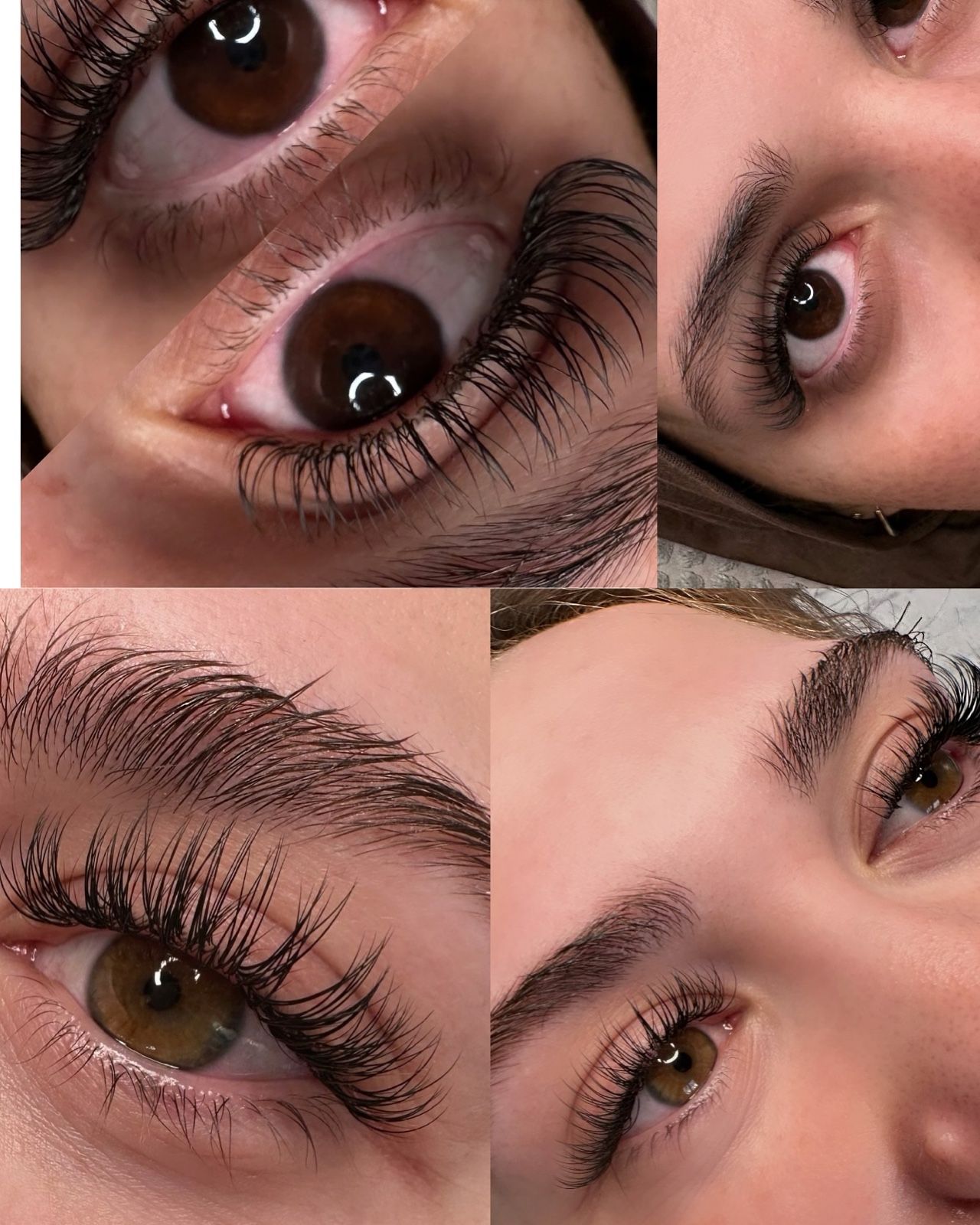 Collage natürlicher Classic-Wimpernverlängerungen an braunen und grauen Augen