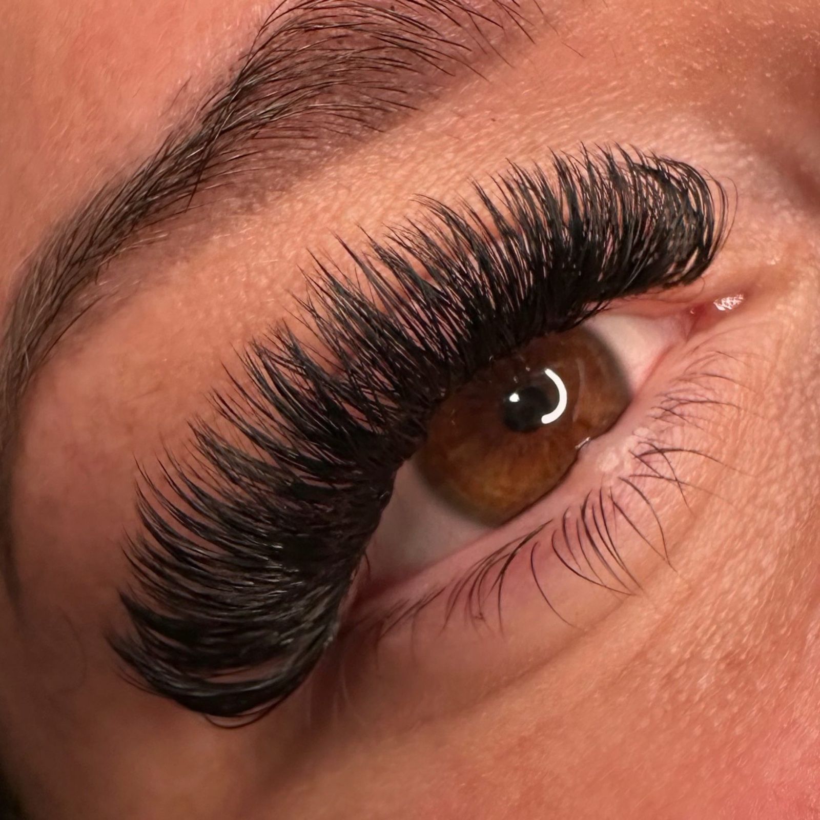 Mega-Volume-Wimpernverlängerung an einem braunen Auge