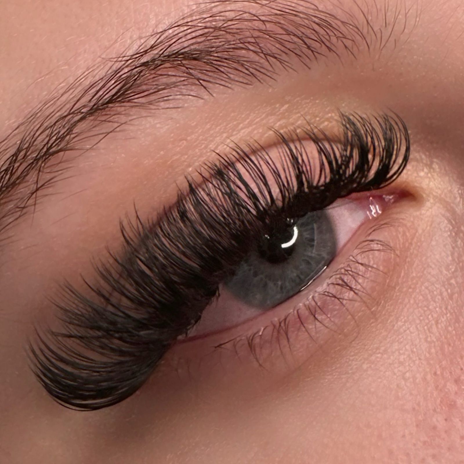 Volumen-Wimpernverlängerung an einem grauen Auge