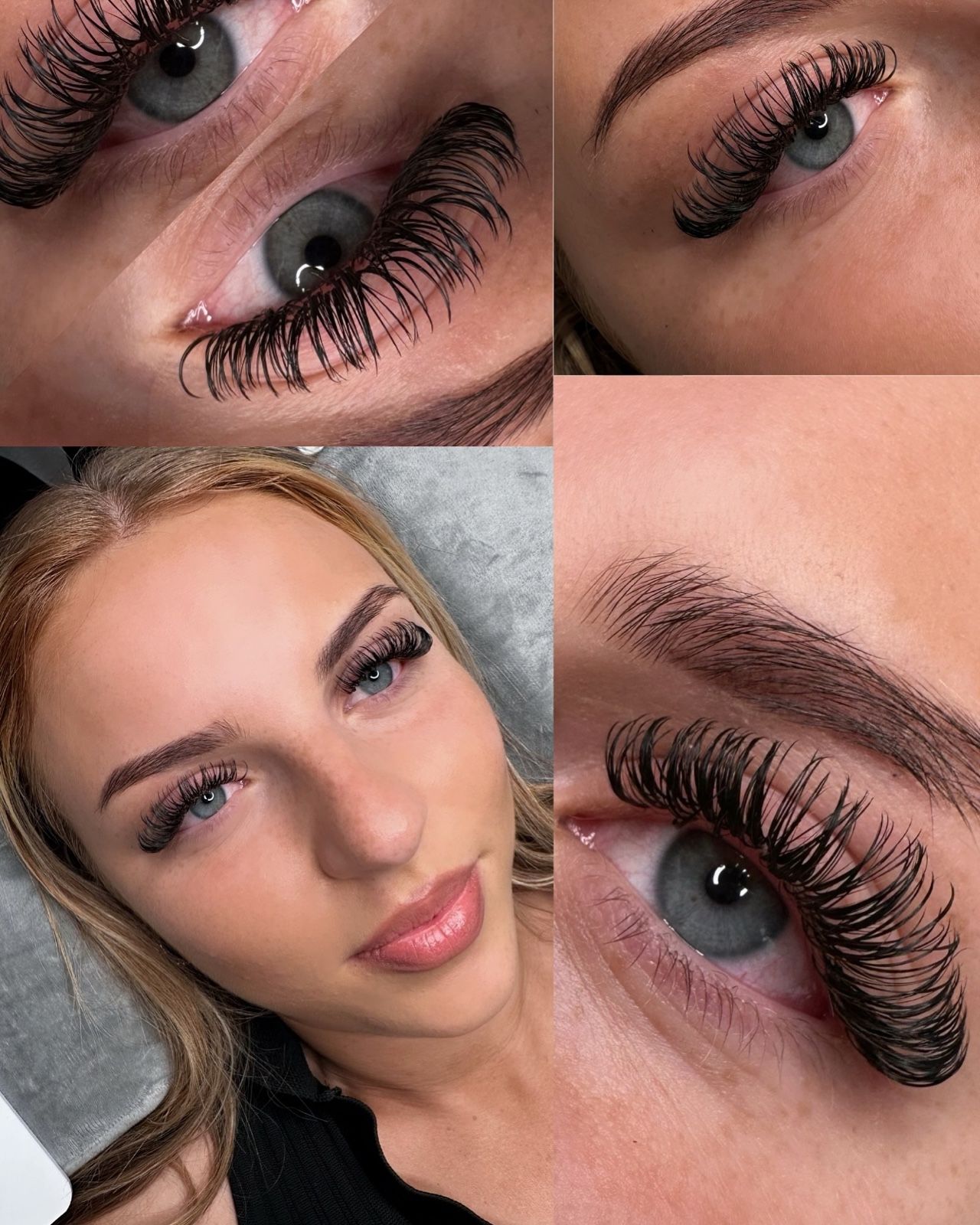 Wet-Look-Wimpern mit spitzen, glänzenden Fächern an blauen Augen